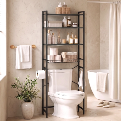 HOMCOM Over-the-Toilet Storage Shelf, 3-Tier Over-Toilet Bathroom Organizer with Adjustable Shelves and Pull-Out Basket, Black