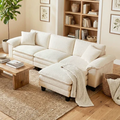 HOMCOM L-Shaped Sectional Sofa with Ottoman, Pillow-Top Armrests, Beige