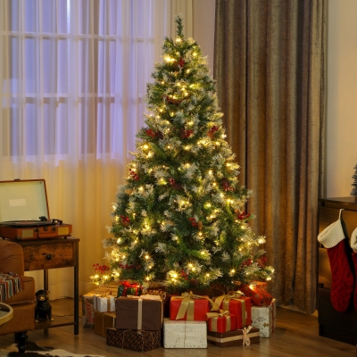 HOMCOM 6ft Flocked Prelit Christmas Tree Spruce, Dual Colour, Remote, Hinged Artificial Xmas Tree with Pinecones, Berries