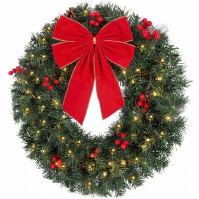 HOMCOM Christmas Decoration, 24 in Pre-Lit Crestwood Spruce Artificial Christmas Wreath, Bow, 50 LED Lights, Green