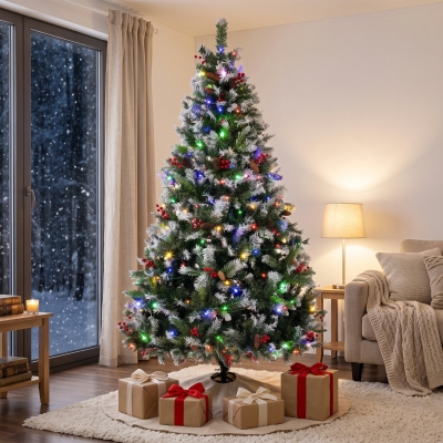 HOMCOM 7ft Flocked Prelit Christmas Tree Spruce, Dual Colour, Remote, Hinged Artificial Xmas Tree with Pinecones, Berries