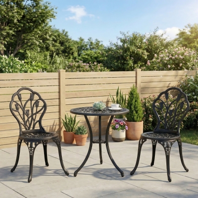Outsunny 3PCs Patio Bistro Set, Outdoor Cast Aluminum Garden Table and Chairs with Umbrella Hole for Balcony, Black