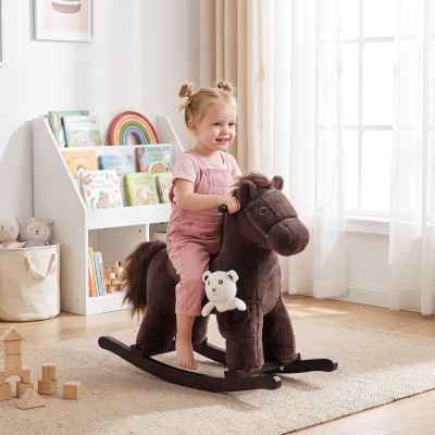 Qaba Kids Rocking Horse Plush Animal on Wooden Rockers with Sounds, Wooden Base and Bear Toy, Baby Rocking Chair, Brown