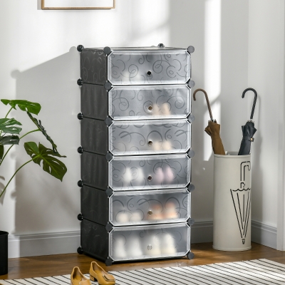 HOMCOM 6-Tier Shoe Rack, 6 Cube Storage Organizer with Doors, DIY 6-Cube Modular Cabinet for Living Room, Black