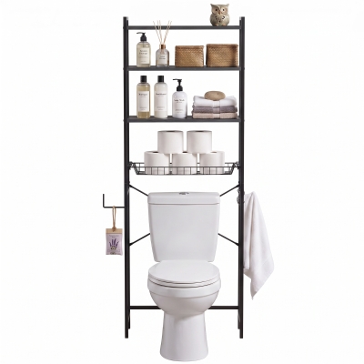HOMCOM Over-the-Toilet Storage Shelf, 3-Tier Over-Toilet Bathroom Organizer with Adjustable Shelves and Pull-Out Basket, Black
