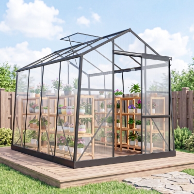 Outsunny 6' x 8' Walk-in Polycarbonate Greenhouse Aluminium Green House with Sliding Door, 5-Level Roof Vent, Rain Gutter
