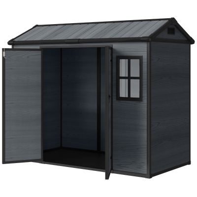 Outsunny 8 x 4 ft Plastic Garden Shed, Wood-Effect Outdoor Storage Shed with Floor, Windows, Lockable Doors and Vents, Dark Grey