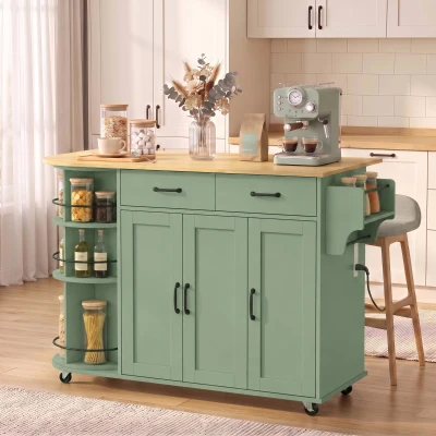 HOMCOM 53" Kitchen Island Cart with Power Outlet & Drop Leaf, Green