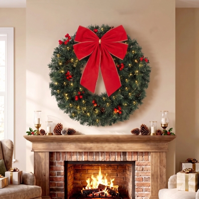 HOMCOM Christmas Decoration, 24 in Pre-Lit Crestwood Spruce Artificial Christmas Wreath, Bow, 50 LED Lights, Green
