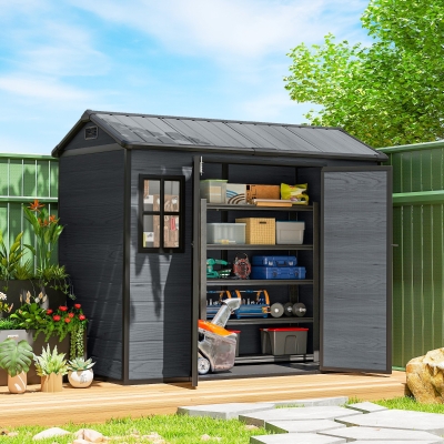 Outsunny 8 x 4 ft Plastic Garden Shed, Wood-Effect Outdoor Storage Shed with Floor, Windows, Lockable Doors and Vents, Dark Grey