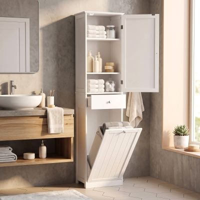 HOMCOM 71" Tall Bathroom Storage Cabinet, Freestanding Narrow Bathroom Cabinet with Tilt-out Laundry Basket, White