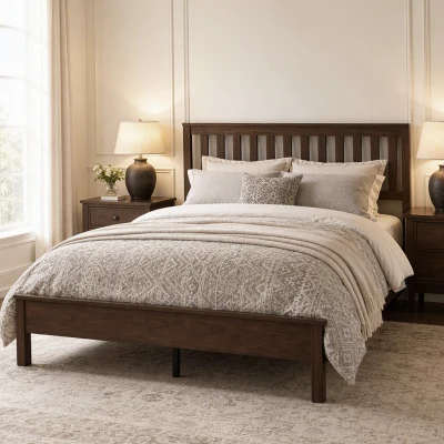 HOMCOM Queen Bed Frame, Mid-Century Modern Wood Platform, Walnut