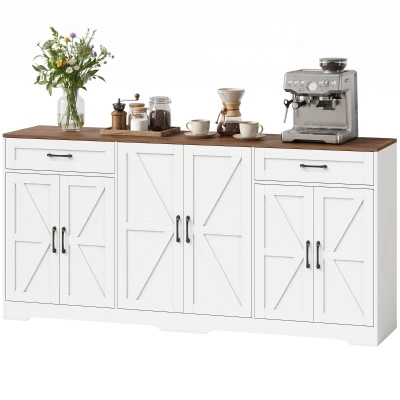 HOMCOM 71" Large Sideboard Buffet Cabinet, Farmhouse Coffee Bar Cabinet with 2 Drawers and 6 Barn Doors, White