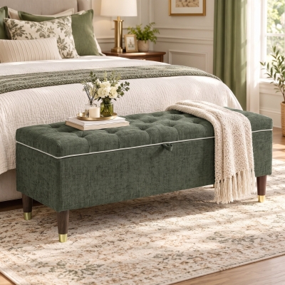 HOMCOM Storage Ottoman Bench, Linen-Look Upholstered Seat, 264 LBS Capacity, End of Bed Bench, Green