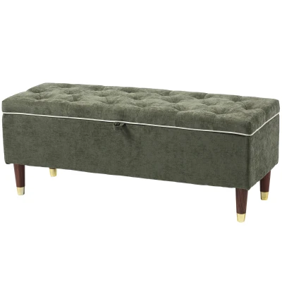 HOMCOM Storage Ottoman Bench, Linen-Look Upholstered Seat, 264 LBS Capacity, End of Bed Bench, Green