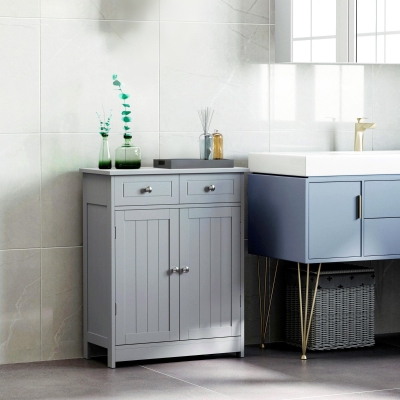 kleankin Freestanding Bathroom Floor Cabinet, Organizer Floor Tower with 2 Door, 2 Drawers, Adjustable Shelf, Grey
