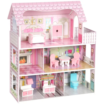 Qaba Dollhouse with 8 PCS Accessories, Dreamhouse Villa with LED Light, 3-Story Doll House with 6 Rooms for Girls 3-6 Years