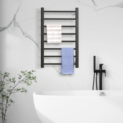 HOMCOM 8-Bar Heated Towel Warmer Rack with Built-in Timer and LED Indicators, Wall Mounted & Free Standing Carbon Steel Electric Towel Bar with Adjustable Temperature, Black