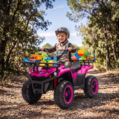 Qaba 12V Kids ATV, Electric Ride On Quad with Dual Motors, Soft Start, Battery Display, Music, Lights for 3-8 Years, Pink