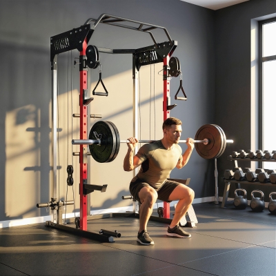 Soozier Power Cage, Power Rack with Adjustable Cable Pulley System, Pull-Up Bar, Dip Station, Landmine