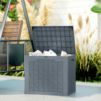 Outsunny 30 Gallon Deck Box, Resin Outdoor Storage Box with Handles, Waterproof and UV Resistant Storage Container, Light Grey