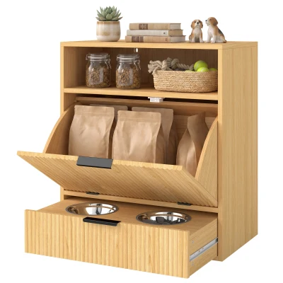 PawHut Dog Feeding Station Food Storage Container, Pet Feeding Station with 2 Pull Out Bowls, Tilt Out Storage Cabinet