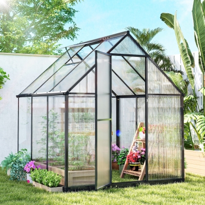 Outsunny 6 x 5.5ft Polycarbonate Greenhouse, Quick Setup Walk-in Greenhouse, Swing Door, Adjustable Roof Vent, Rain Gutter, Black