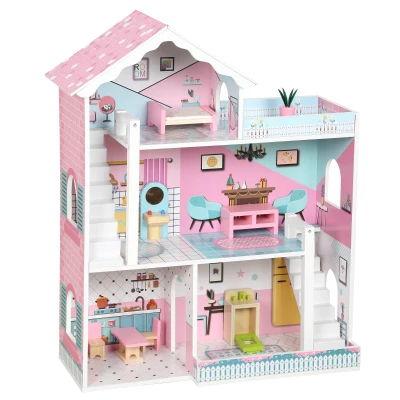 Qaba Wooden Doll House, Large 3-Storey Modern Dollhouse with 6 Rooms and 10 Accessories, for Girls Boys 3-6 Years, Pink