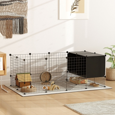 PawHut Guinea Pig Cage, Small Animal Playpen with 31 Panels, Elevated Huts, Non-Slip Mats, Black