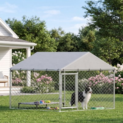 PawHut 6.6' x 6.6' x 4.9' Outdoor Dog Kennel Heavy Duty Galvanized Steel Chain Link with UV-resistant Roof, Silver