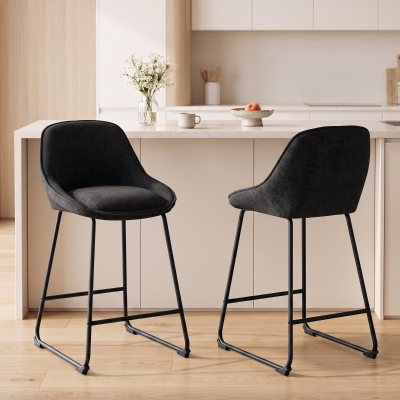 HOMCOM Bar Stools Set of 2 Chenille Barstools Counter Height Bar Chairs Backrest Footrest Black