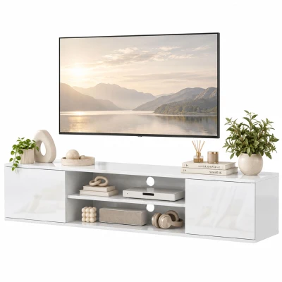 HOMCOM Floating TV Stand Cabinet for TVs up to 60", Wall Mounted TV Unit with Open Shelf, Storage Cupboards, White