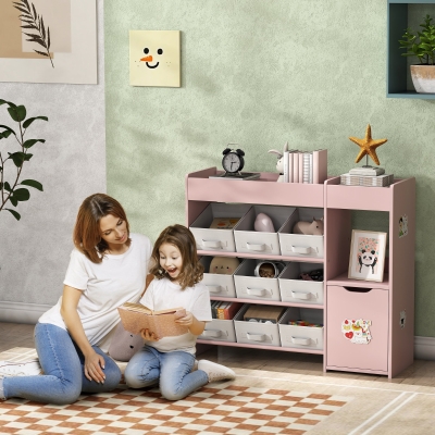 Qaba Toy Storage Organizer with 9 Non-Woven Fabric Boxes, Storage Cabinet & Shelves, for Kids Room, Nursery, Playroom Pink