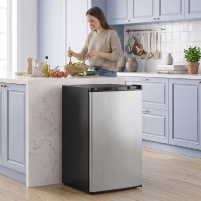 HOMCOM 3.2 Cu Ft Mini Fridge with Chiller Box, Single Door Compact Refrigerator, Adjustable Thermostat, Reversible Door, Silver
