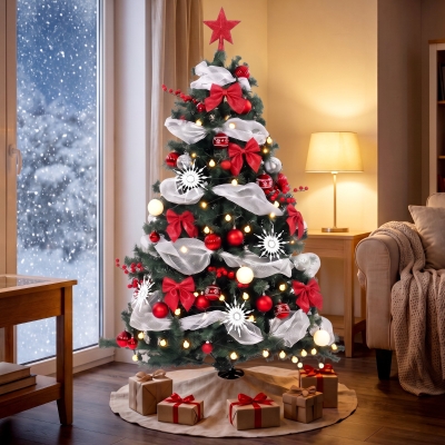 HOMCOM 5ft Prelit Christmas Tree Spruce, Remote, Hinged, Artificial Xmas Tree with 8 Modes, 450 Tips, 150 LEDs, Green Red