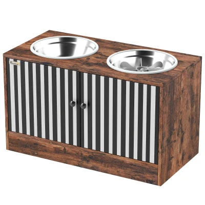 PawHut Raised Dog Bowls with Storage, Slow Feeder,  2 Stainless Steel Food and Water Bowl Non-Slip, Rustic Brown