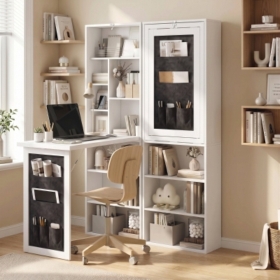 HOMCOM Fold-out Computer Desk with Storage Shelves, Bag, Wall Mount Home Office Desk, Writing Study Table with Bookshelf, White