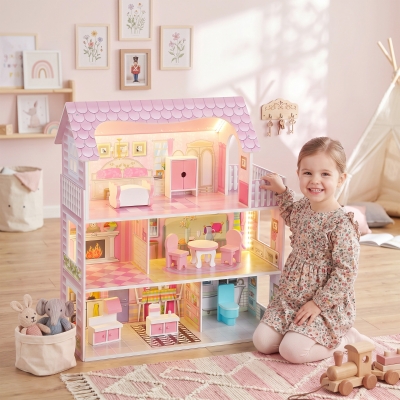 Qaba Dollhouse with 8 PCS Accessories, Dreamhouse Villa with LED Light, 3-Story Doll House with 6 Rooms for Girls 3-6 Years