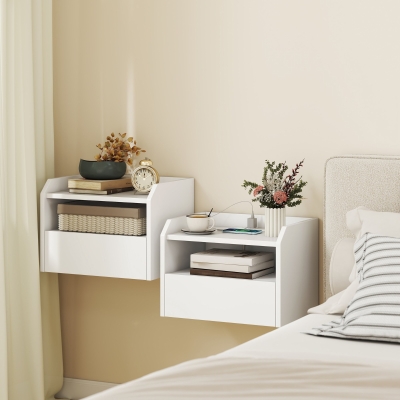 HOMCOM Wall Mounted Bedside Table, Set of 2 Floating Nightstand with Charging Station, Drawer and Open Shelf for Bedroom, White