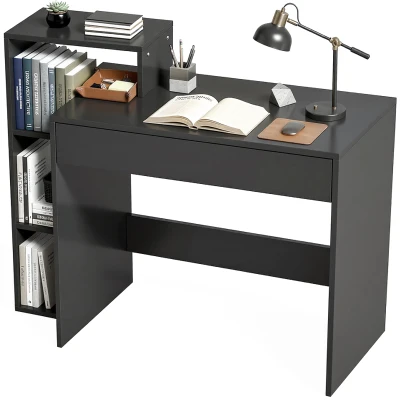 HOMCOM Desk with Storage, Computer Desk with 3 Open Shelves and Drawer Black