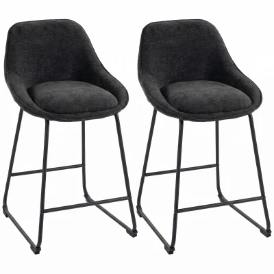 HOMCOM Bar Stools Set of 2 Chenille Barstools Counter Height Bar Chairs Backrest Footrest Black