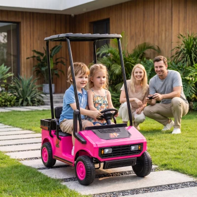 Qaba Kids 24V 2-Seater Golf Cart with Remote, Sunshade, Pink