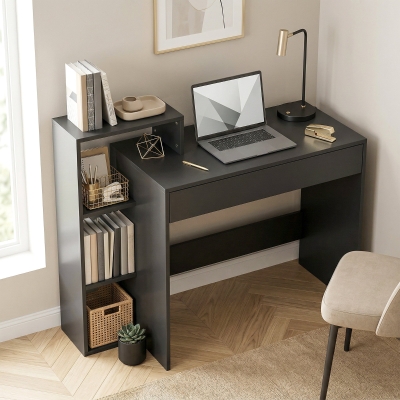 HOMCOM Desk with Storage, Computer Desk with 3 Open Shelves and Drawer Black