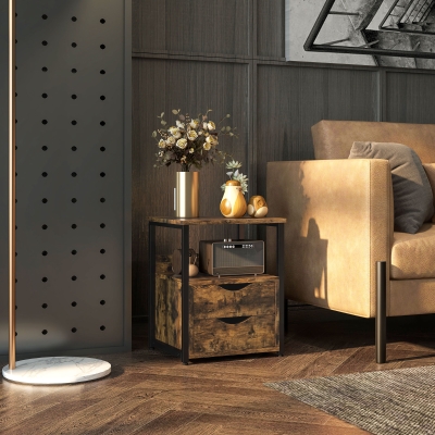 HOMCOM Industrial Side Table with 2 Drawers Accent Table Versatile Night Stand End Desk for Living Room Bedroom Rustic Brown
