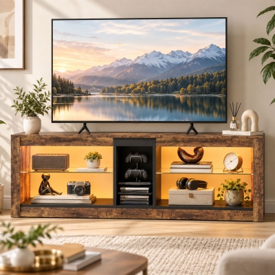HOMCOM TV Stand Cabinet with LED Lights and Remote Control for TVs up to 65" with Storage Shelves and Compartment Rustic Brown