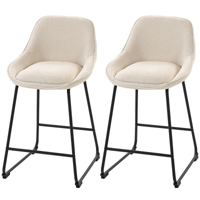 HOMCOM Bar Stools Set of 2 Chenille Barstools Counter Height Bar Chairs Backrest Footrest Cream White