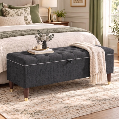 HOMCOM Storage Ottoman Bench, Linen-Look Upholstered Seat, 264 LBS Capacity, End of Bed Bench, Dark Grey