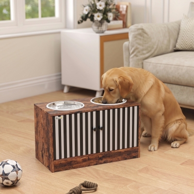 PawHut Raised Dog Bowls with Storage, Slow Feeder,  2 Stainless Steel Food and Water Bowl Non-Slip, Rustic Brown