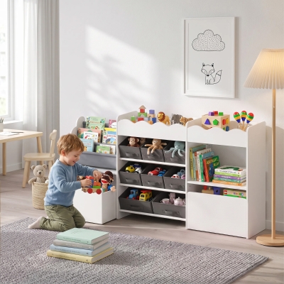 Qaba Kids Toy Storage Organizer, Kids Bookshelf with 8 Fabric Bins, 2 Rolling Drawers, Open Shelves for Kids Room, White