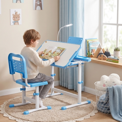 Qaba Kids Desk and Chair Set Height Adjustable Student Writing Desk Children School Study Table with Tilt Desktop, Blue